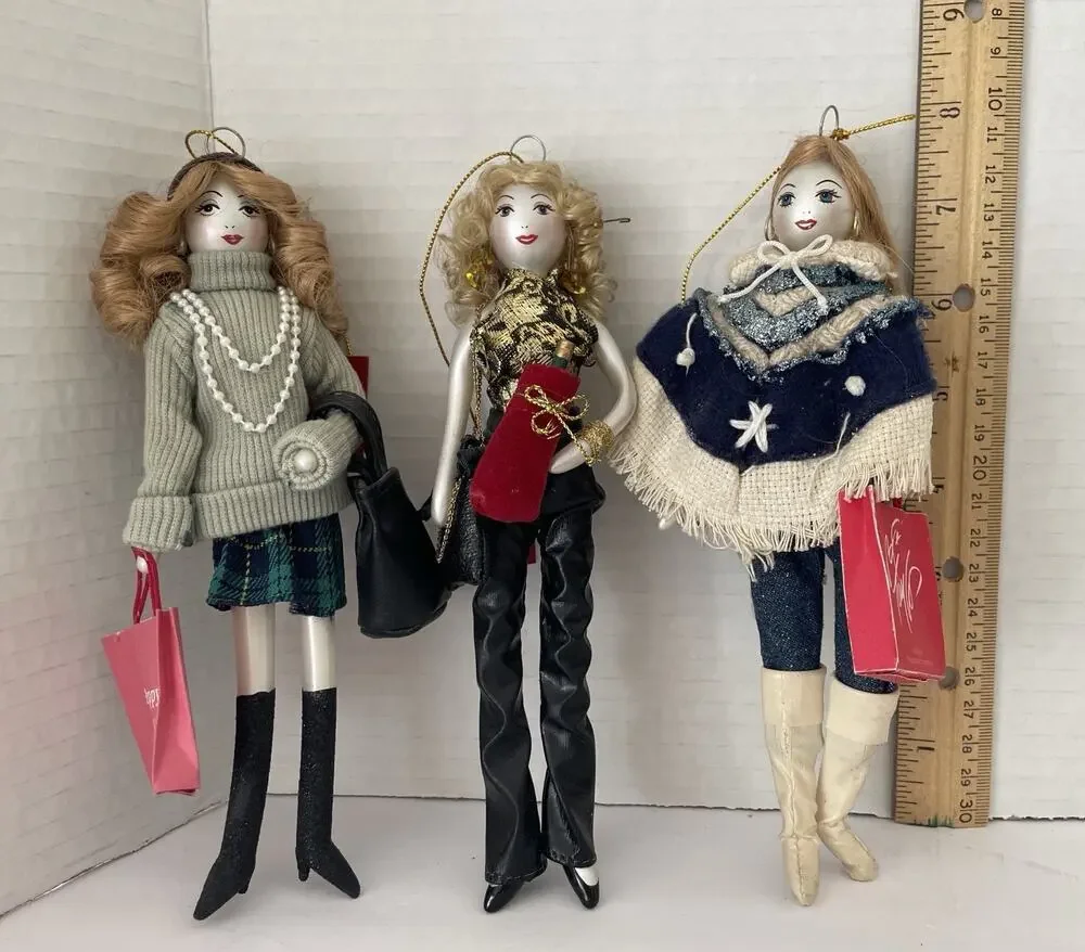 Lot 3 Lord & Taylor Glass Hand Painted Christmas Doll Ornaments ? De Carlinni
